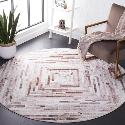 SAFAVIEH Washable Rug Faux Hide Collection - 4' Round, Beige & Brown, Slip Resistant, Western Rustic Decor, Printed Pattern, Ideal for Living Room, Bedroom, Home Office, Dining Space (FAH526A)