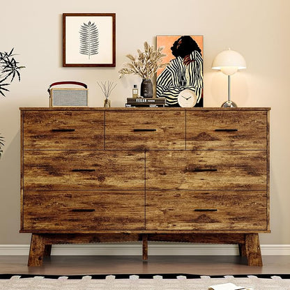 Dresser for Bedroom with 7-Drawer, 47.2" Wide Modern Chest of Drawers with Metal Handles, X-Shape Base & Adjustable Center Leg, Anti-Tip Closet Organizers and Storage