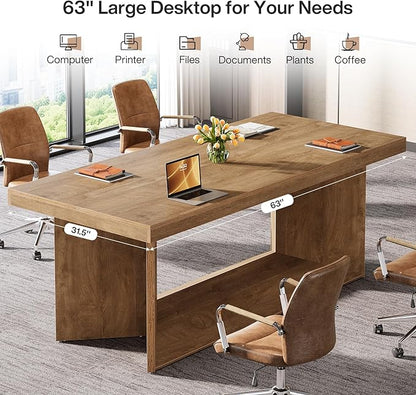 Tribesigns 63-Inch Executive Desk, Large Office Computer Desk with Heavy Duty Pedestal, Farmhouse Simple Workstations Writing Table for Home Office, Rustic Brown