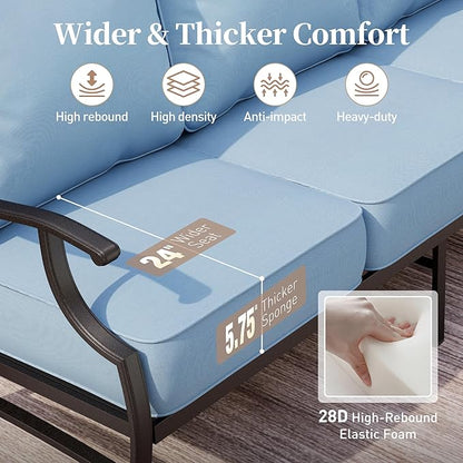 4 Piece Metal Outdoor Patio Furniture Set, Patio Conversation Set 1 3-seater Sofa, 2 Rocking Chair with 5.75" Extra Thick Cushion and Coffee Table, Black Frame Backyard Furniture, Blue