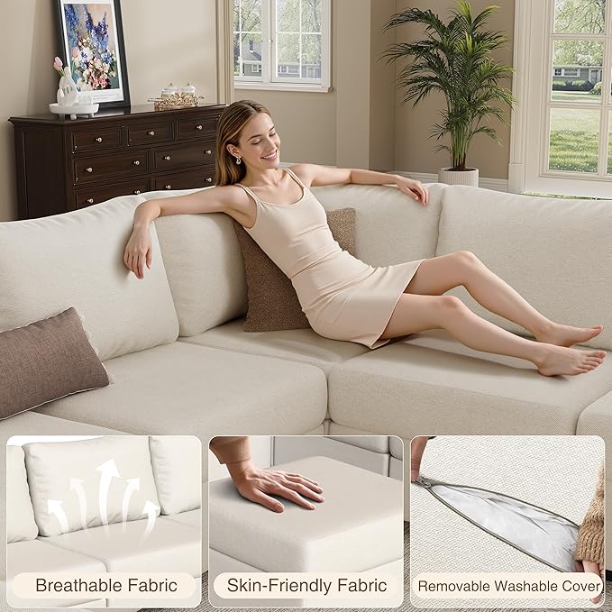 Modular Sectional Sofa Couches, Large Convertible Modular Couches with Storage, 8-Seater Sectional Sofa for Living Room, U Shaped Sectional Couch Sleeper Sofa with Chaise (Beige, 8 Seats)