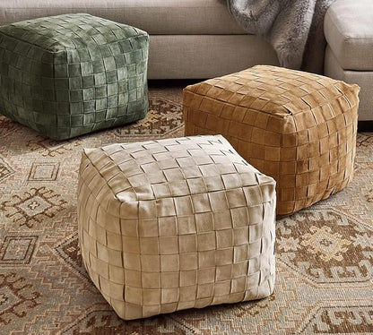 Luxury Handcrafted Suede Basketweave Pouf Ottoman – Soft & Durable Floor Cushion, Footrest, and Accent Seating for Living Room, Bedroom, & Office – Stylish Modern Home Décor (Stone, 18" x 18" x 14")