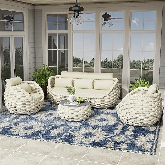 Woven Rope Outdoor Sofa Set: 4 Pieces Aluminum Patio Conversation Set Assembled - All Weather Cushioned Porch Furniture Couch - Modern Metal Lounge Set for Deck Yard Resort Hotel Sunroom, Beige