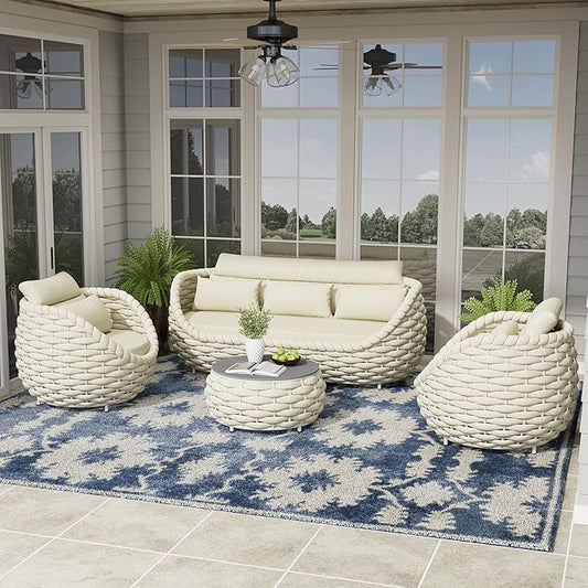 Woven Rope Outdoor Sofa Set: 4 Pieces Aluminum Patio Conversation Set Assembled - All Weather Cushioned Porch Furniture Couch - Modern Metal Lounge Set for Deck Yard Resort Hotel Sunroom, Beige