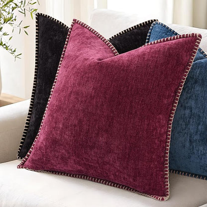 decorUhome Chenille Soft Throw Pillow Covers 20x20 Set of 2, Farmhouse Velvet Neutral Decorative Euro Pillow Covers with Stitched Edge for Couch Sofa Bed Home Decor, Black