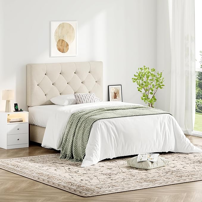 Upholstered Twin Headboard, Twin Headboard Only for Bed Frame from 27”-41”, Adjustable Height Twin XL Headboard with Durable Solid Wood Legs, Fabric Bed Headboard in Modern Button Design, Beige