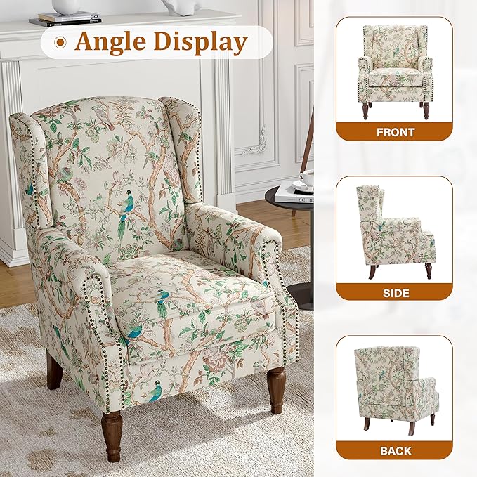 Wingback Accent Chairs Set of 2, High Back Upholstered Armchair, Printed Fabric Wingback Arms Chairs with Wood Legs, Single Sofa Reading Chair for Bedroom Living Room, Bird