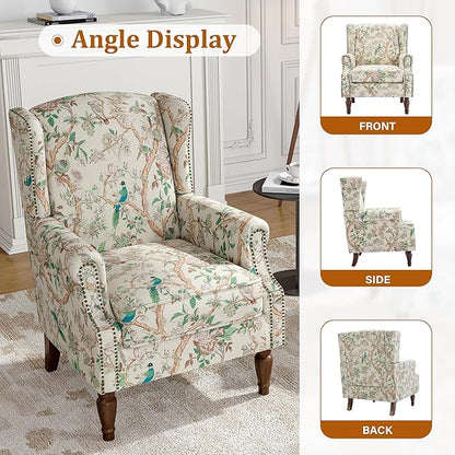 Wingback Accent Chairs Set of 2, High Back Upholstered Armchair, Printed Fabric Wingback Arms Chairs with Wood Legs, Single Sofa Reading Chair for Bedroom Living Room, Bird