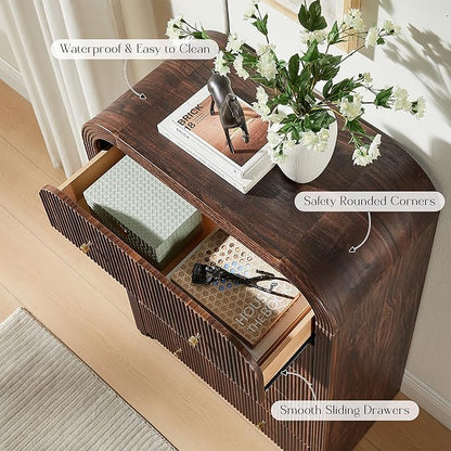 T4TREAM Fluted 5 Drawers Dresser, 48" Tall Modern Chest of Drawers with Thickened Curved Profile Design, Wood Closet Clothes Storage Organizer for Bedroom, Living Room, Hallway, Dark Walnut