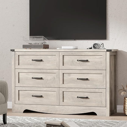 Dresser for Bedroom with 6 Drawers, 48" Wide Wood Chest of Drawers with Deep Drawers & Mental Handle, Modern Dresser TV Stand, Wooden Closet Storage Organizer for Living Room, Hallway, Entryway, Grey