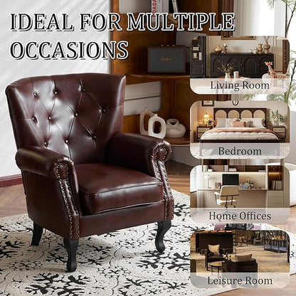 Modern Accent Chair Set of 2, Mid-Century PU Leather Armchair with Solid Wood Legs, Single Sofa Chair for Living Room, Bedroom, Leisure Room, or Reading Room(Reddish Brown)