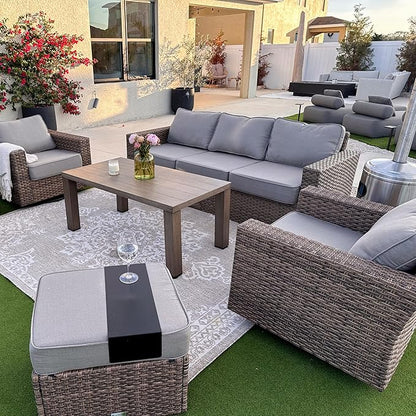 Swivel Glider 6 Piece Outdoor Furniture Set with Swivel Chairs, Wicker Patio Furniture with 4.92" Wide Armrest, 26.3" Deep Seating and 5.5" Thick Cushions, Grey