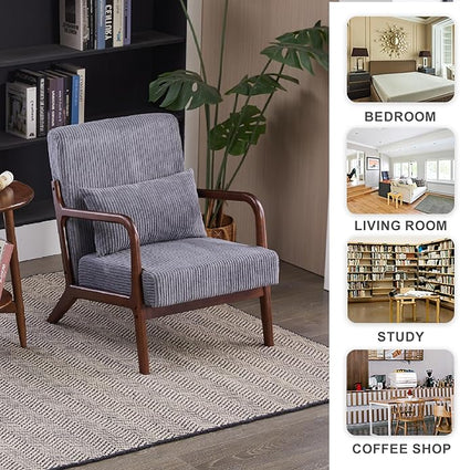 Accent Chairs, Mid-Century Modern Chair with Pillow, Armchair with Solid Wood, Reading Relaxing Leisure Chair for Living Room（Dark Grey/Walnut）