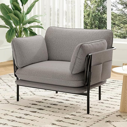 Modern Accent Chair for Living Room, Oversized Reading Chair with Solid Metal Legs, Upholstered Fabric Armchair with Side Pockets and 2 Pillows, Comfy Accent Chairs for Bedroom, Nursery, Khaki