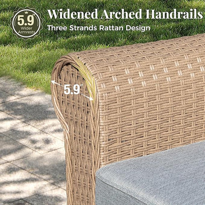 Patio Furniture Set 6 pcs, Wicker Outdoor Patio Furniture, 3-Seat Sofa, 2 Single Chairs, 2 Ottomans and Coffee Table, Rattan Patio Conversation Set for Backyard Deck, Grey