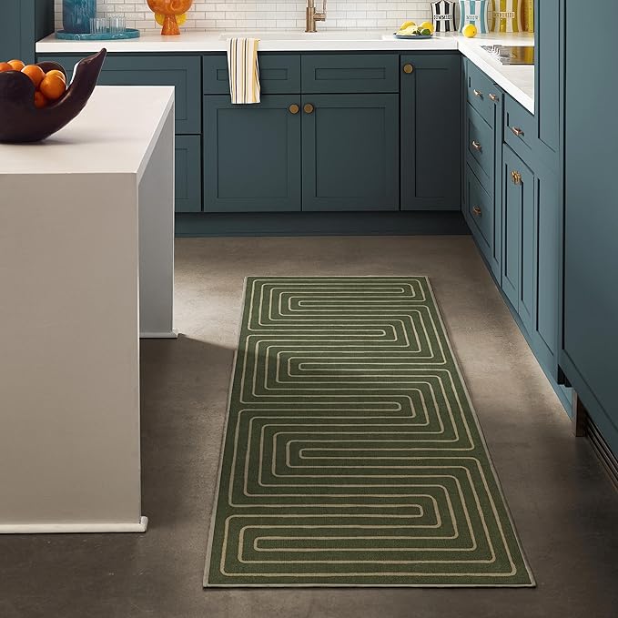 RUGGABLE x Jonathan Adler Machine Washable Modern Runner Rug – Labyrinth Fern Green 2.5x7, Stain-Resistant, Non-Slip – Washable Rug for Hallway, Entryway, Living Room & Kitchen–with Cushioned Pad