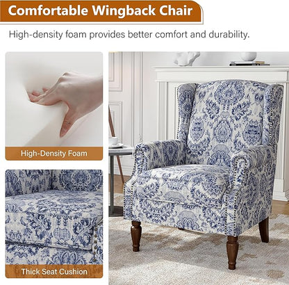 Wingback Accent Chairs Set of 2, High Back Upholstered Armchair, Printed Fabric Wingback Arms Chairs with Wood Legs, Single Sofa Reading Chair for Bedroom Living Room, Navy