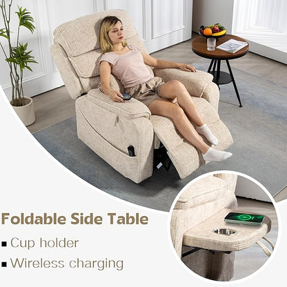 Power Lift Recliners Chairs for Elderly Adults Lay Flat Recliner with Heat & Massage, Wireless Charging Device, USB Ports, Cup Holder, Lumbar Pillow, 400Lbs (Velvet Fibric,Beige)