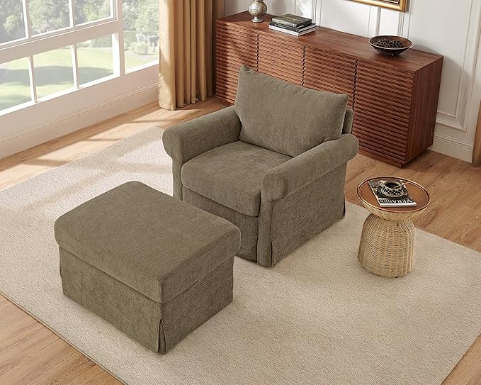 Modern Accent Chairs with Ottoman Set, Comfy Chenille Reading Armchair with Rolled Arms and Cushion Backrest, 35.8" W Chaise Lounge Chair for Living Room, Bedroom, Study, Apartment, Brown