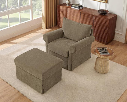 Modern Accent Chairs with Ottoman Set, Comfy Chenille Reading Armchair with Rolled Arms and Cushion Backrest, 35.8" W Chaise Lounge Chair for Living Room, Bedroom, Study, Apartment, Brown