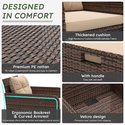 5 Pieces Patio Furniture Set, Hand-Woven Rattan Patio Conversation Set with Soft Cushions & Coffee Table, Outdoor Chairs with Hidden Ottoman for Porch, Lawn, Garden, Balcony, Brown