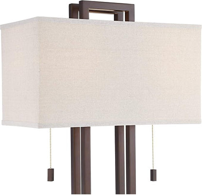 Possini Euro Design Modern Standing Floor Lamp 62" Tall Bronze Brown Openwork Frame 2-Light Oatmeal Linen Fabric Rectangular Shade Decor for Living Room Reading House Bedroom Home Office House