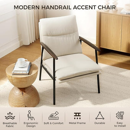 Art Leon Accent Chair- Mid Century Modern Accent Chairs Upholstered Fabric Reading Bedroom Chair Side Sitting Chair with Metal Frame Armchairs for Living Room, Bedroom, Guest Room Beige