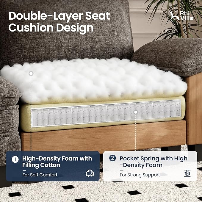 PHI VILLA Cloud Modular Couch Sets, 123.6" Sectional Sofa with L-Shaped Chaise, 4-Seater Upholstered Couches with Movable Ottoman for Living Room, Chenille Fabric, Smoky Grey