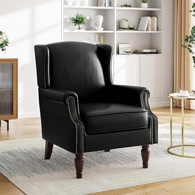 Pia Ricco Set of 2 Faux Leather Accent Chairs, High Back Wingback Armchairs with Retro Floral Design, Nailhead Trim & Solid Wood Legs for Living Room Bedroom (Black)