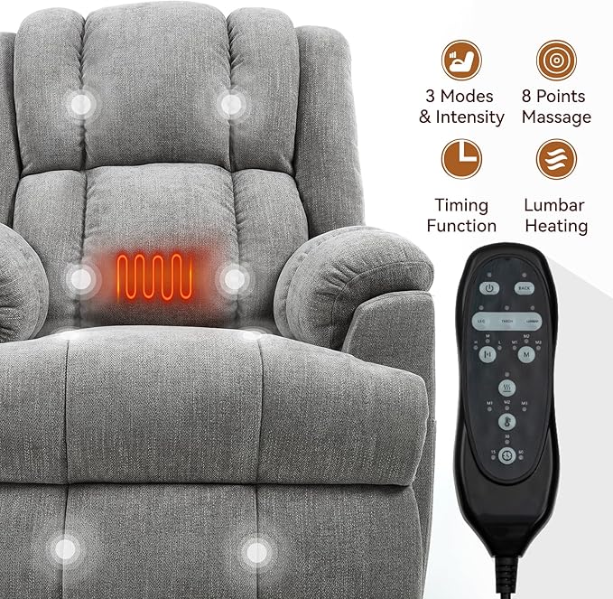Power Lift Recliner Chair for Elderly, Oversized Chenille Electric Recliners Chairs for Living Room, Dual Motor 180° Lay Flat Recliner Big Sofa with Massage and Heating, Heavy-Duty, Light Grey