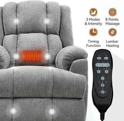 Power Lift Recliner Chair for Elderly, Oversized Chenille Electric Recliners Chairs for Living Room, Dual Motor 180° Lay Flat Recliner Big Sofa with Massage and Heating, Heavy-Duty, Light Grey