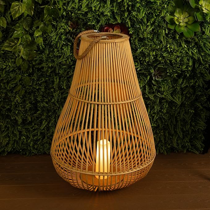 Alpine Corporation IWY108HH-L Outdoor Bamboo Lantern with LED Candle, Brown Finish for Patio and Garden Decor, 33" Tall