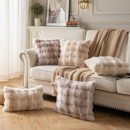 Pack of 2 Thick Plush Throw Pillow Covers Fluffy Wave Faux Fur Decorative Cushion Covers Soft Wool Pillowcase for Sofa Couch Livingroom 18x18 Inch White Taupe