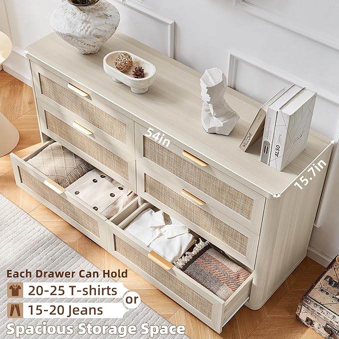 LEYAOYAO Rattan 6 Drawer Dresser for Bedroom Set of 2, Boho 54" Wide White Dresser Chest of Drawers, Dressers TV Stand with Metal Handle, Storage Dressers Closet Organizer for Living Room, Hallway