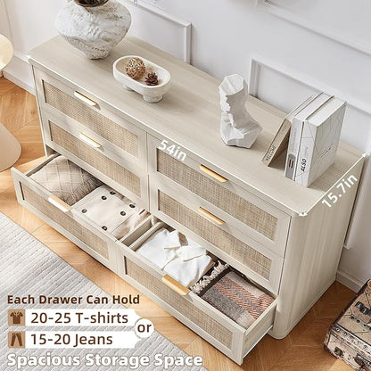 LEYAOYAO Rattan 6 Drawer Dresser for Bedroom Set of 2, Boho 54" Wide White Dresser Chest of Drawers, Dressers TV Stand with Metal Handle, Storage Dressers Closet Organizer for Living Room, Hallway