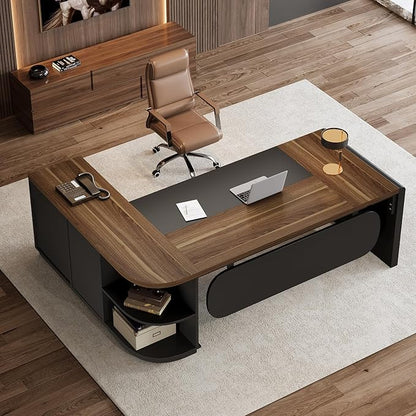 Tribesigns 81-Inch L-Shaped Office Desk, Large Commercial Office Desk with Drawers and File Cabinet, Modern Professional Business Furniture Workstations with Storage Shelves, Brown & Black
