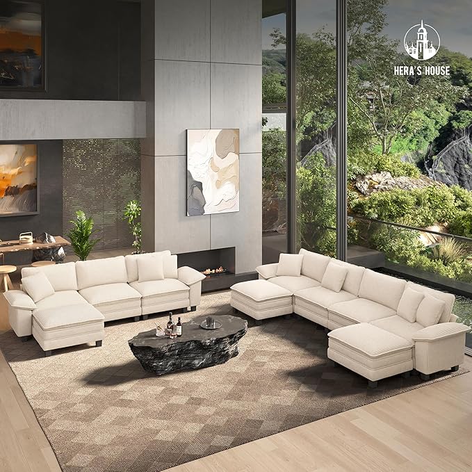HERA'S HOUSE 88" Modular Sectional Sofa, L Shaped Couches for Living Room, Comfy Cloud Couch with Ottoman, 3-Seater Deep Seat Sofa with Throw Pillow, Chenille Beige