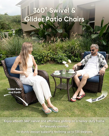 HUMMUH 6-Piece Outdoor Wicker Patio Furniture Set with Swivel Glider Chairs, Loveseat & Ottomans 5” Olefin Cushions Ergonomic Neck-Lumbar Backrest All-Weather Rattan for Garden, Deck, Porch