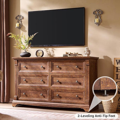 Farmhouse 6 Drawers Dresser for Bedroom, 54" Wide Large Dressers & Chests of Drawers w/Roman Column, Wooden Dresser TV Stand with Large Drawers for Bedroom Living Room Hallway,Reclaimed Barnwood