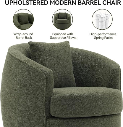 Swivel Accent Chair Set of 2, Modern Upholstered Boucle Barrel Arm Chairs with Pillow for Living Room, 360 Degree Round Swivel Sherpa Armchair with Round Base for Bedroom Club (2, Green)