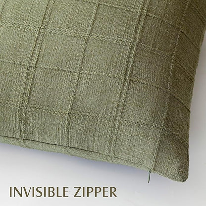 Foindtower Set of 2 Decorative Linen Check Throw Pillow Covers Neutral Farmhouse Vintage Cushion Covers Modern Boho Home Decor for Sofa Chair Couch Bedroom Living Room,18×18 Inch,Sage Green