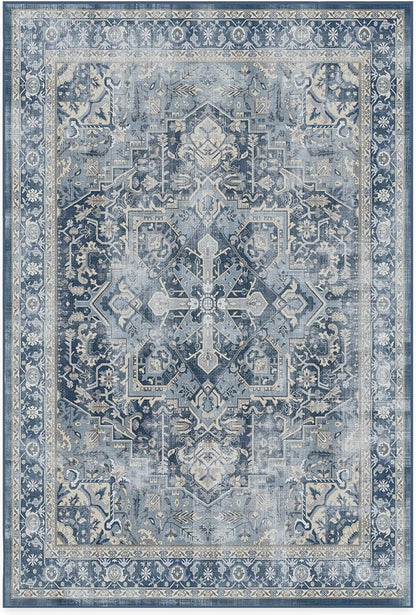 RUGGABLE Washable Vintage Area Rug – Kamran Admiral Blue 6x9, Stain-Resistant, Non-Slip – Medium Machine Washable Rugs for Living Room, Bedroom, Hallway, Entryway & Office–with Standard Pad