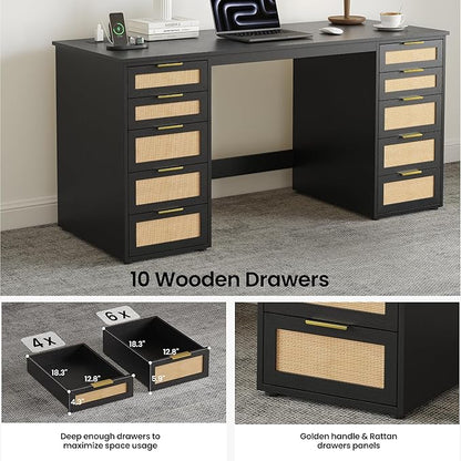 WOPITUES 60" Boho Home Office Desk with 10 Wooden Drawers, Rattan Computer Writing Desk with Power Outlets, Large Executive Desk with Storage Cabinet for Work Study Writing Craft, Black