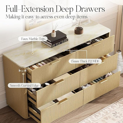 Fluted 6 Drawers Dresser with Charging Station, 55" Wide Modern Chest of Drawers with Faux Marble Top, Wooden Dresser TV Stand, Wood Drawer Organizer for Bedroom, Living Room, Hallway, Natural Oak