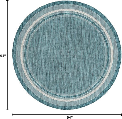 Unique Loom Outdoor Border Collection Area Rug - Soft Border (7' 10" Round, Teal/ Ivory)