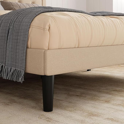 Allewie King Size Fabric Upholstered Bed Frame with Diamond Button Tufted/Adjustable Headboard/Wood Slat Support/Mattress Foundation/Beige