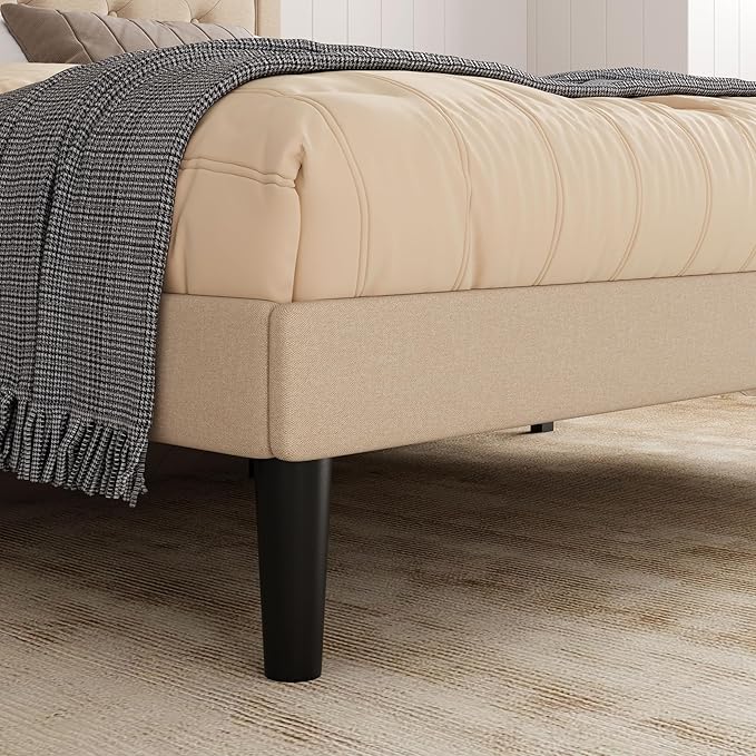 Allewie Full Size Button Tufted/Fabric Upholstered Bed Frame with Adjustable Headboard/Wood Slat Support/Mattress Foundation/Beige