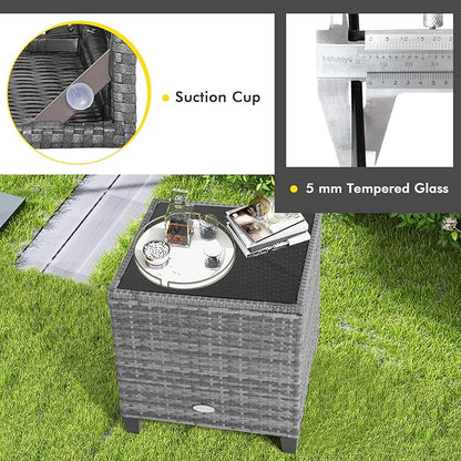 Tangkula 3 Pieces Patio Furniture Set, Outdoor PE Rattan Conversation Chair Set with Tempered Glass Side Table and Removable Cushions, PE Wicker Chairs and Table Set for Porch, Balcony and Garden