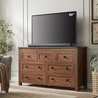 T4TREAM Farmhouse 7 Drawers Dresser for Bedroom, Wood Rustic Dresser Tv Stand, Storage Dressers Organizer for Bedroom, Living Room,Hallway, Reclaimed Barnwood