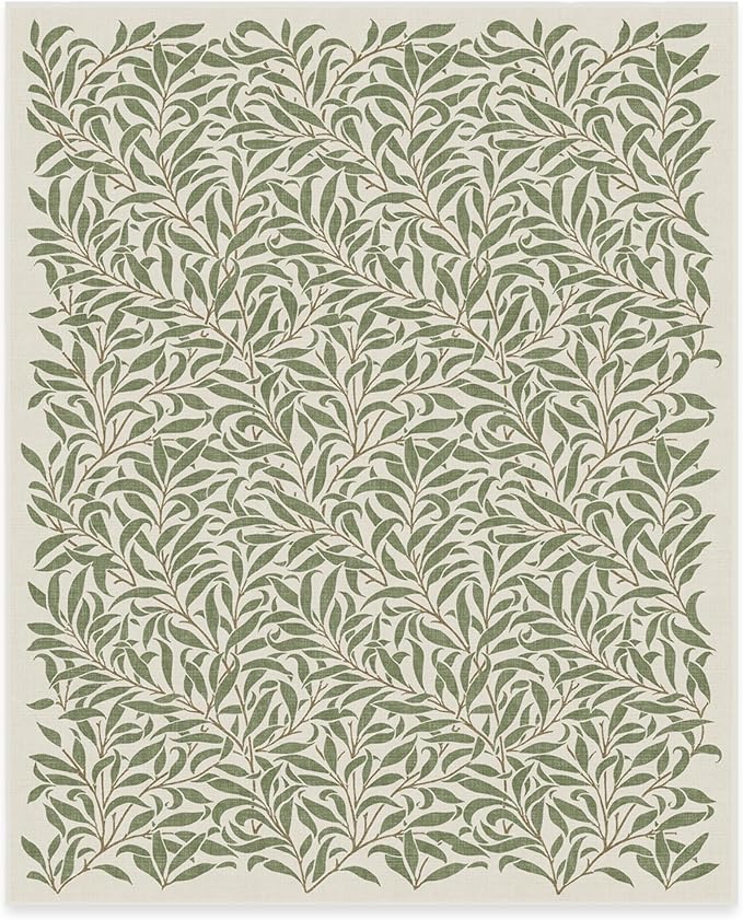 RUGGABLE x Morris & Co Washable Area Rug– Pure Willow Boughs Green 8x10, Stain-Resistant, Non-Slip – Large Machine Washable Rugs for Living Room, Bedroom, Hallway, Entryway & Office–with Standard Pad